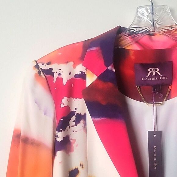 NWT Rachel Roy Sz 2 4 Silk Blazer Jacket Colorful Pink White Art Professional - Picture 3 of 16
